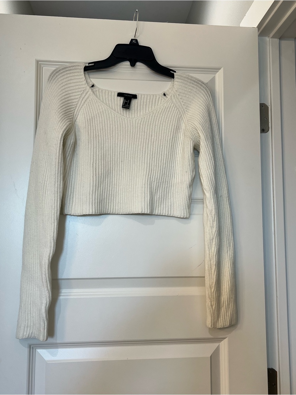 Forever 21 Cream Ribbed Cropped Scoop Neck Sweater